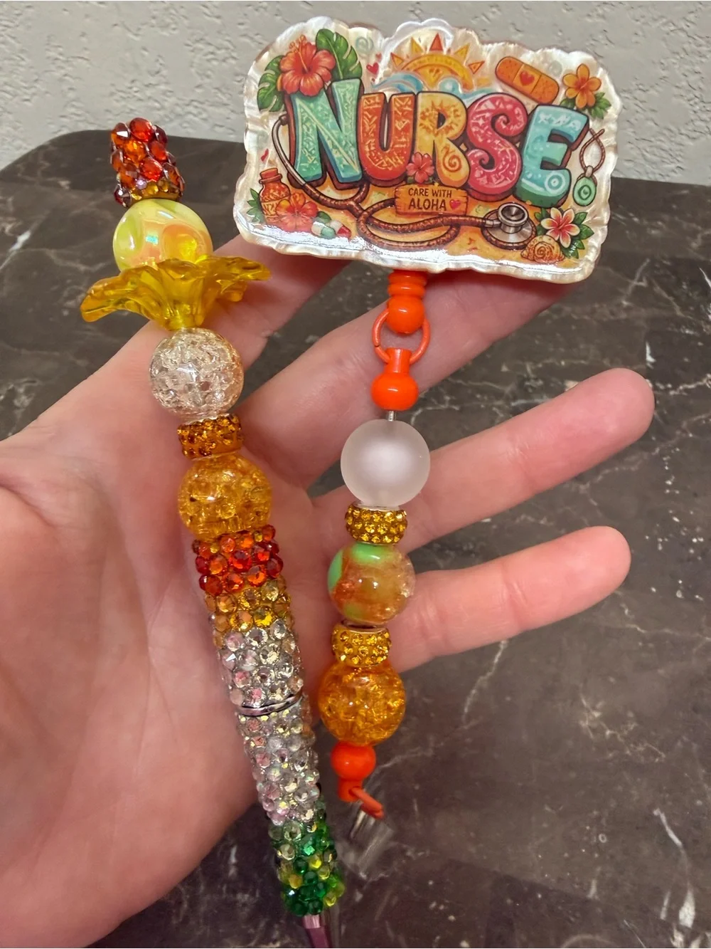 Aloha Nurse Floral Rhinestone Beaded Pen and Matching Badge Reel Set Handmade